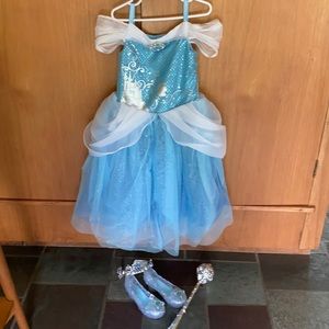 Cinderella Costume- dress (size 5/6), shoes (11/12), wand, and tiara. Disney.